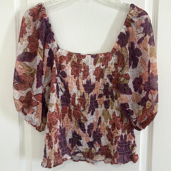 Old Navy Smocked Blouse Puff Sleeve Peasant Top Autumn Leaves Print Size Large - Picture 5 of 7